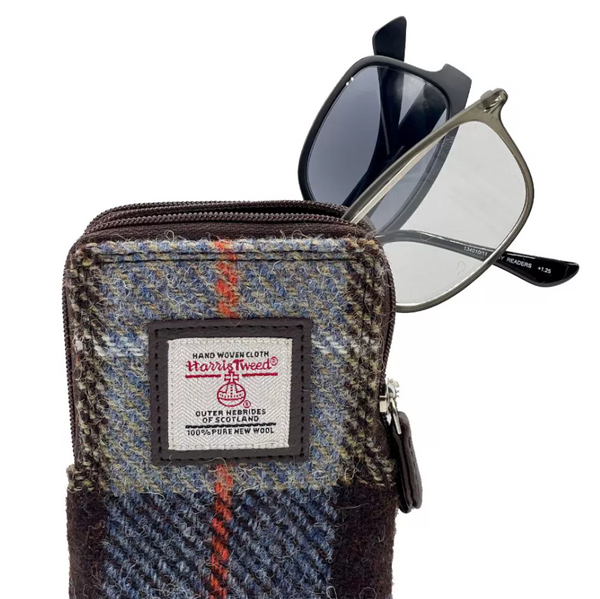 Harris Tweed Double Glasses Sleeve- Blue and Brown Plaid