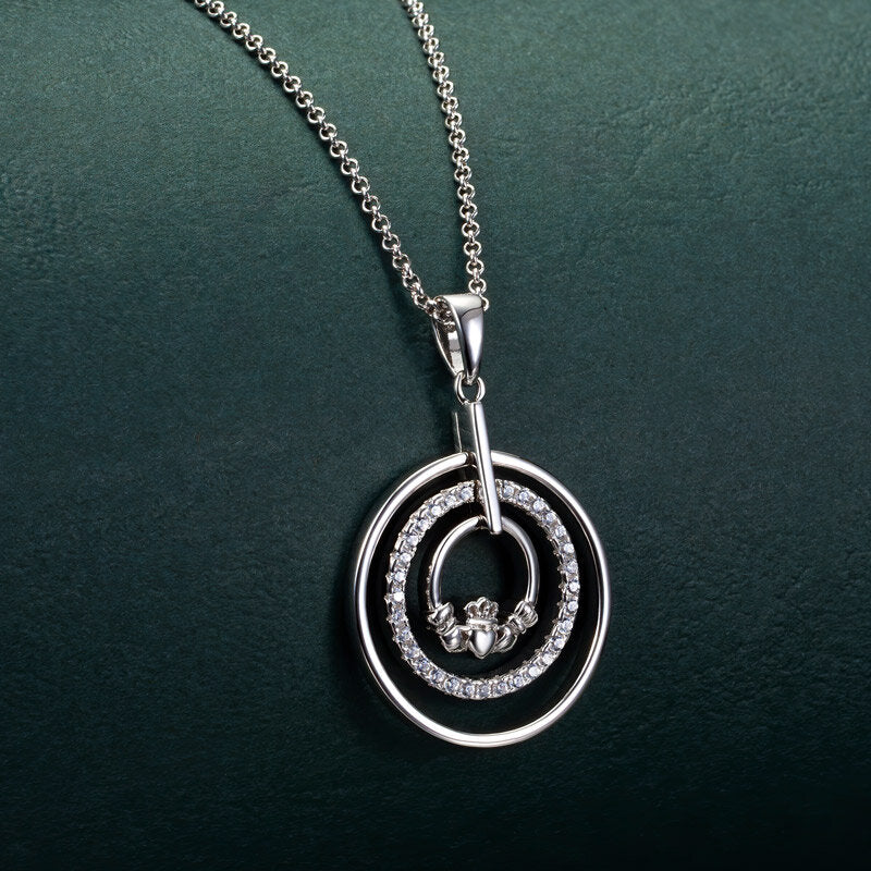 Sterling Silver Claddagh and CZ Circle Necklace