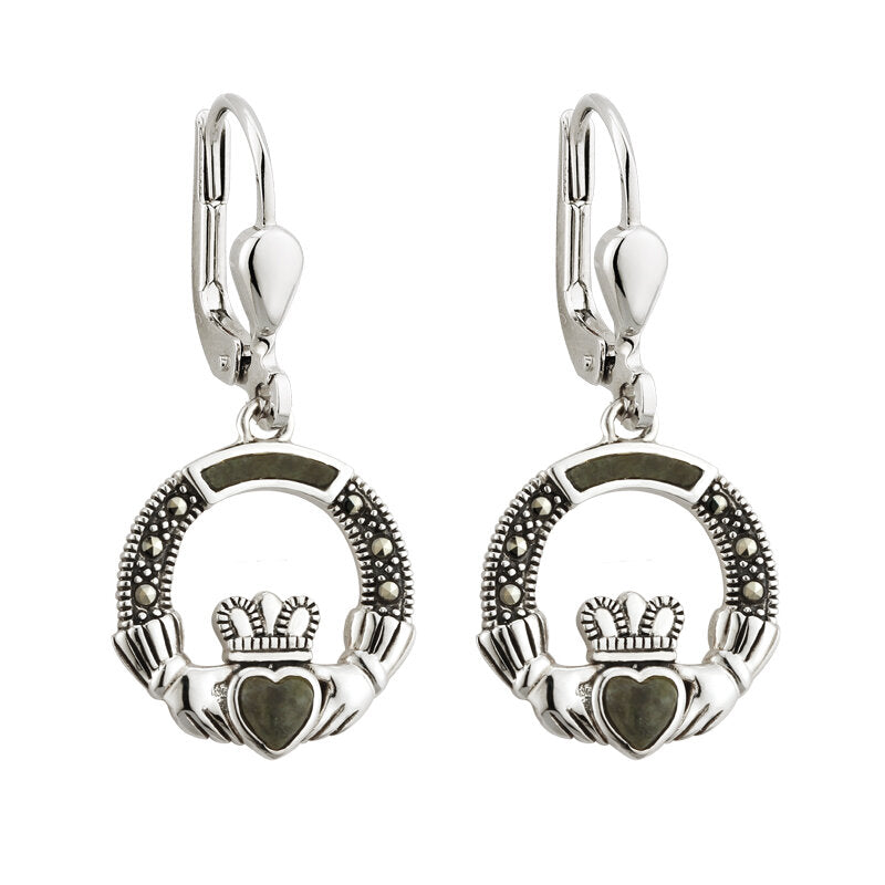 Connemara Marble and Marcasite Sterling Silver Claddagh Drop Earrings