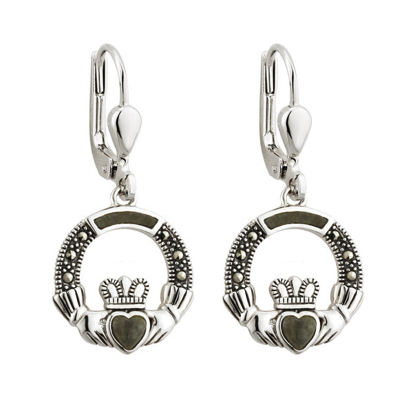 Connemara Marble and Marcasite Sterling Silver Claddagh Drop Earrings