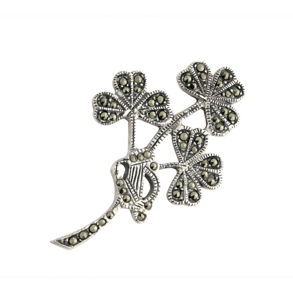 Sterling Silver and Marcasite Shamrock and Harp Brooch