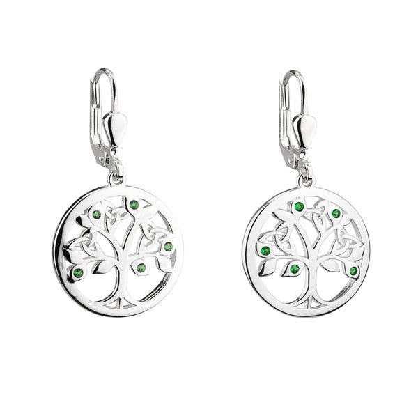 Sterling Silver Tree of Life Earrings with Green Crystals