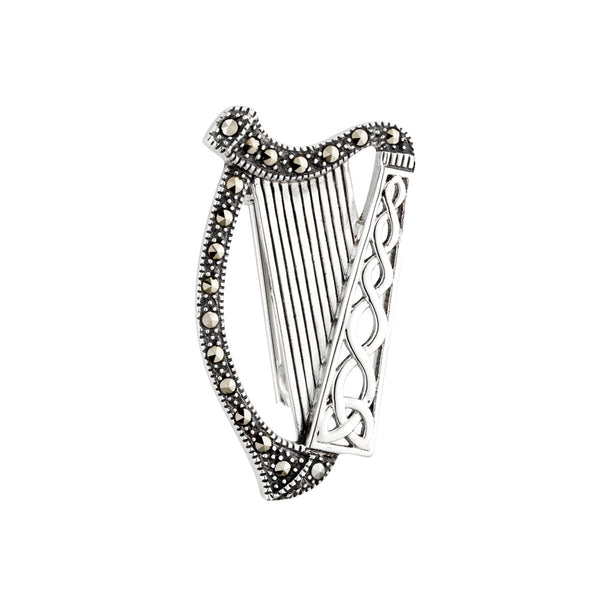 Sterling Silver and Marcasite Celtic Harp Brooch