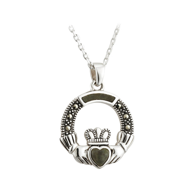 Connemara Marble and Marcasite Sterling Silver Claddagh Necklace