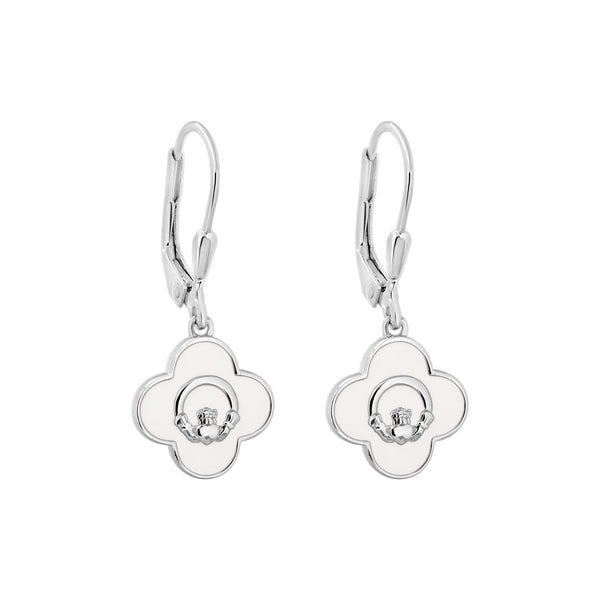 Sterling Silver White Enamel Claddagh Drop Earrings