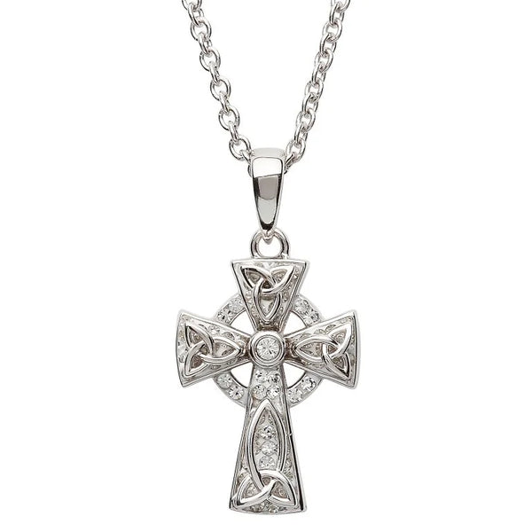 Sterling Silver Clear Crystal Adorned Celtic Cross Necklace