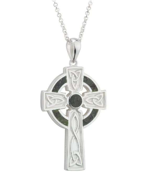 Sterling Silver and Connemara Marble Trinity Knot Celtic Cross- Large
