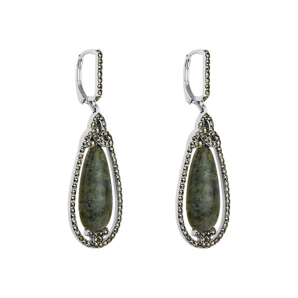 Connemara Marble and Marcasite Trinity Knot Drop Earrings