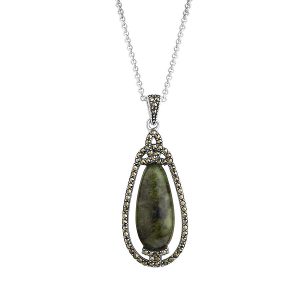 Connemara Marble and Marcasite Trinity Knot Drop Necklace