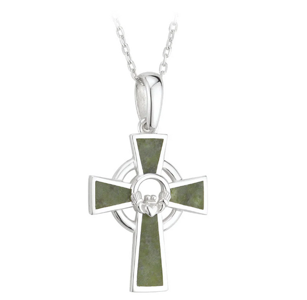 Sterling Silver and Connemara Marble Claddagh Celtic Cross