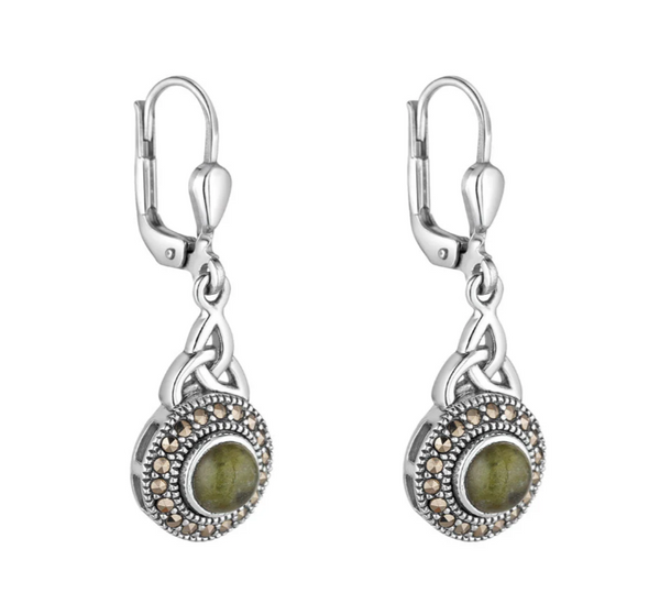 Connemara Marble and Marcasite Celtic Round Trinity Drop Earrings