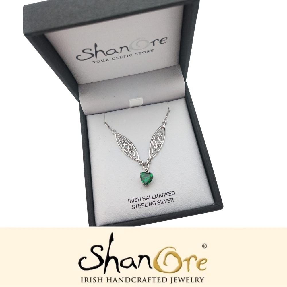 Sterling Silver Celtic Trinity Knot Green Heart Necklace
