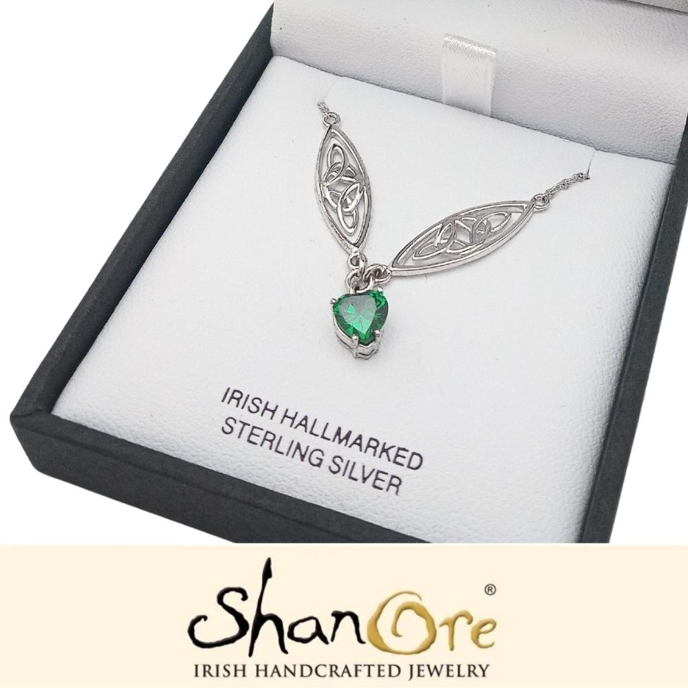 Sterling Silver Celtic Trinity Knot Green Heart Necklace