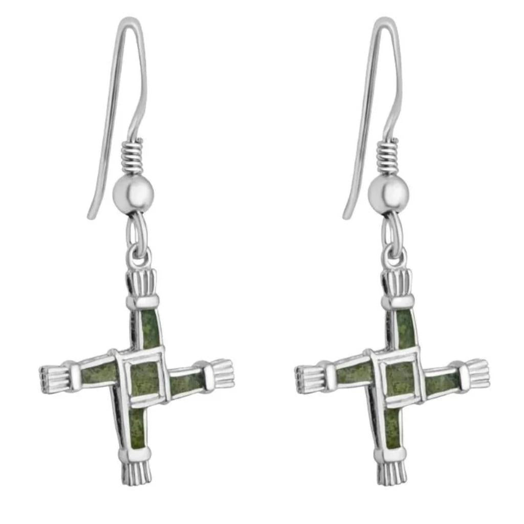 Sterling Silver and Connemara Marble St. Brigid's Cross Earrings