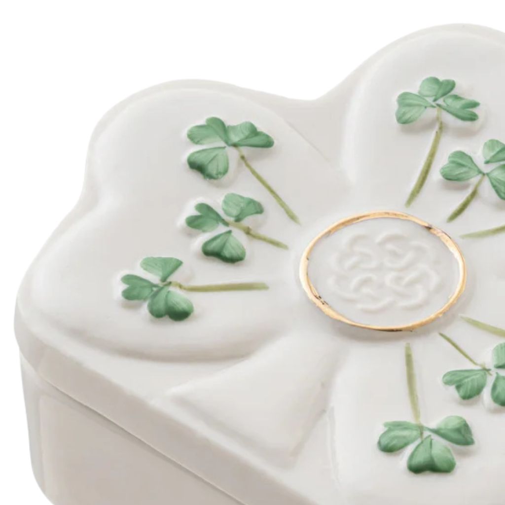 Belleek Classic Shamrock Shaped Trinket Box