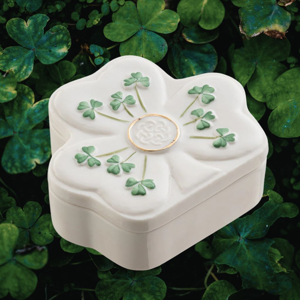 Belleek Classic Shamrock Shaped Trinket Box