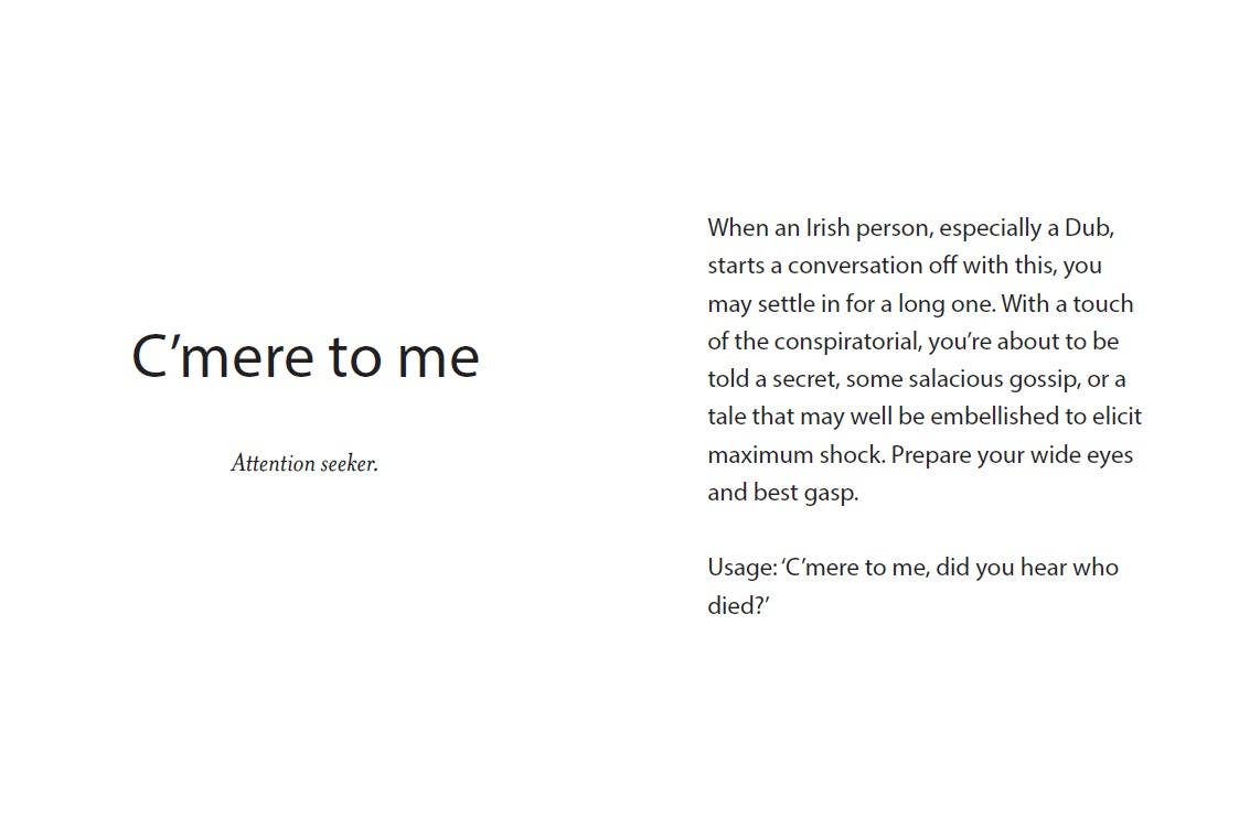 Text definition of 'C'mere to me' with usage example on a white background