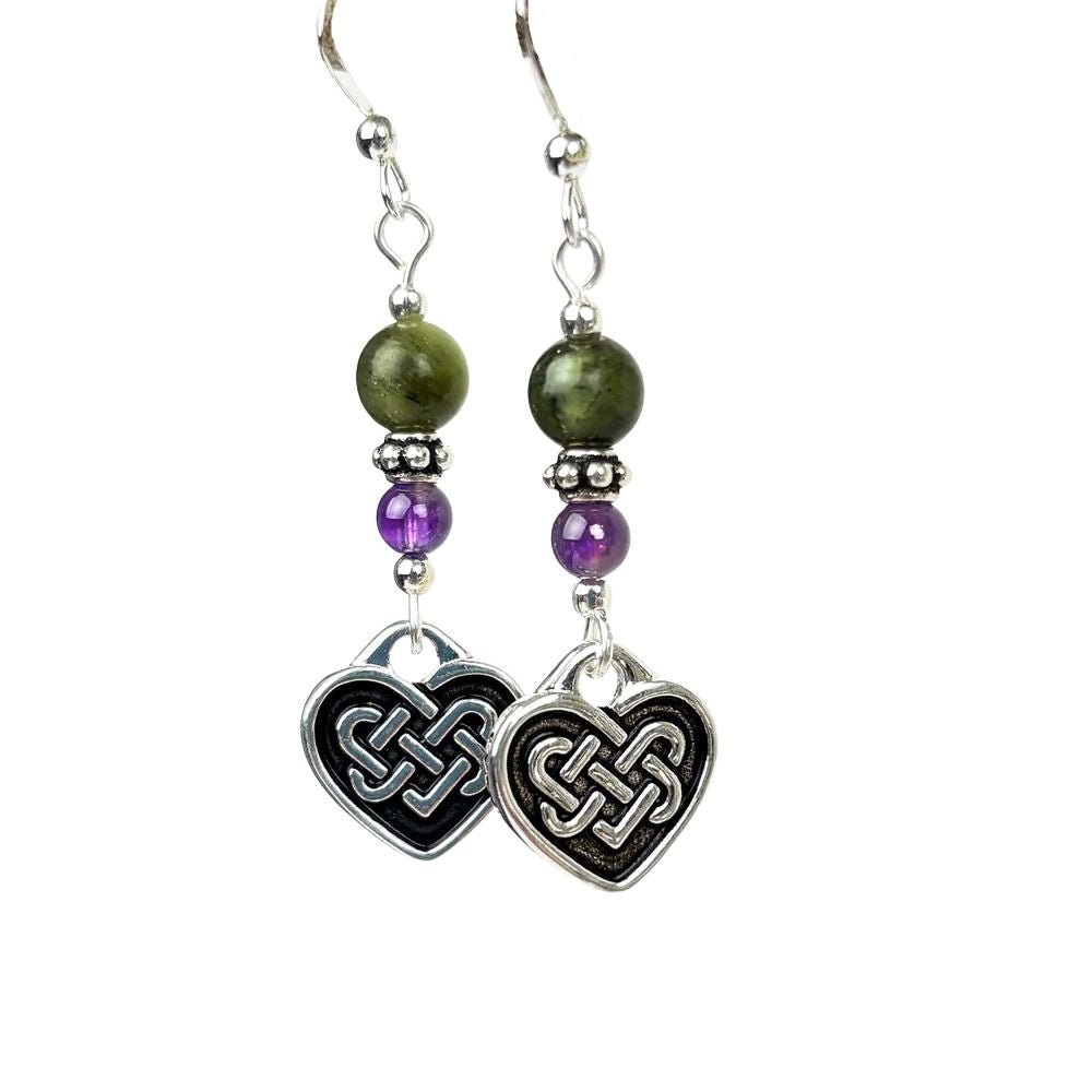 Amethyst and Connemara Celtic Heart Earrings