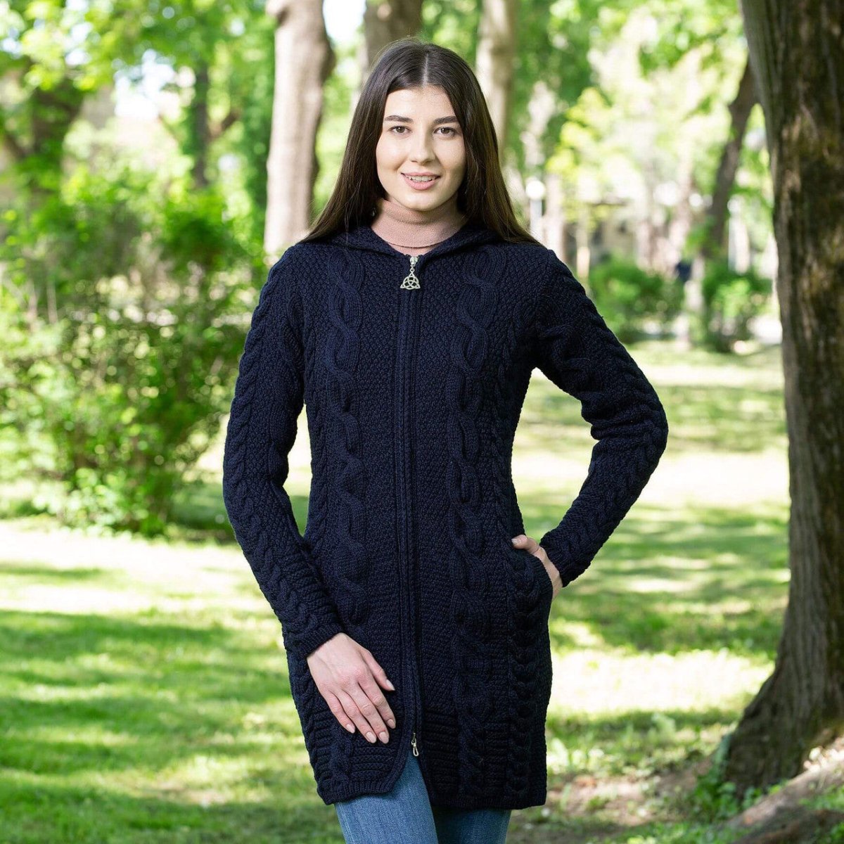 Aran Cable Knit Hooded Zip Coatigan