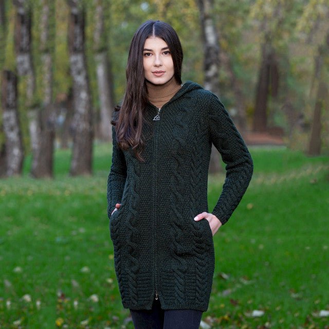 Aran Cable Knit Hooded Zip Coatigan