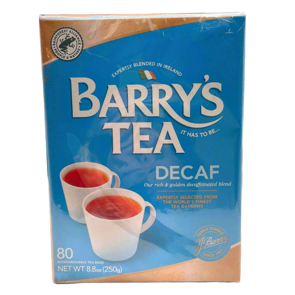 Box of Barry's Decaf Tea with two cups of tea on a blue background