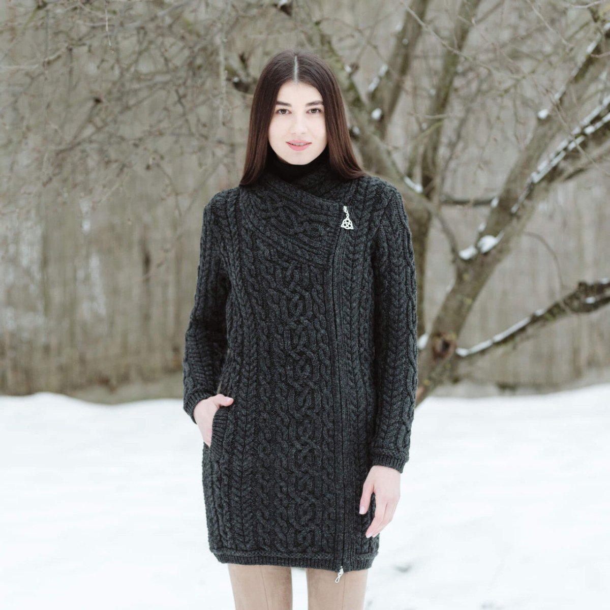 Cable Knit Side Zip Long Cardigan