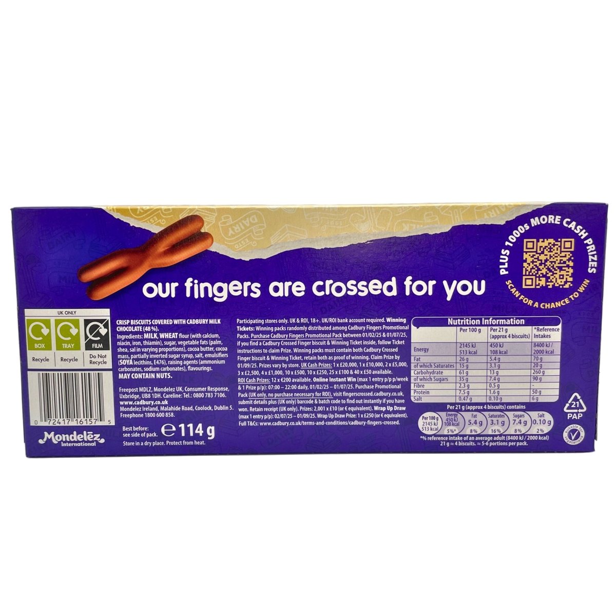 Box of chocolate bars with a purple label and text on a white background