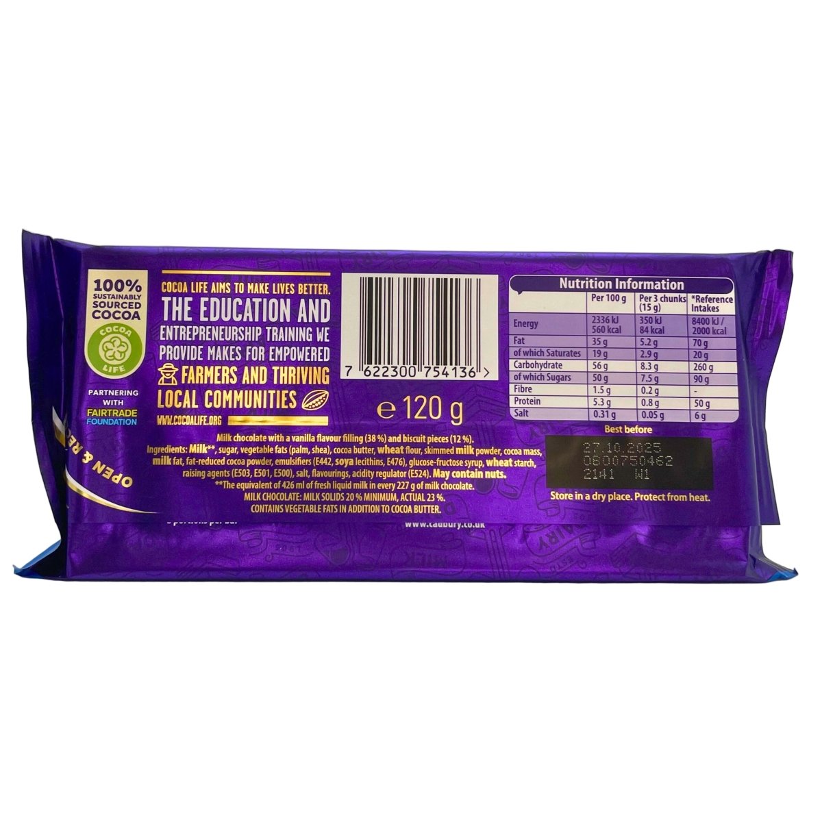 Purple chocolate bar packaging with text and nutrition information on a white background