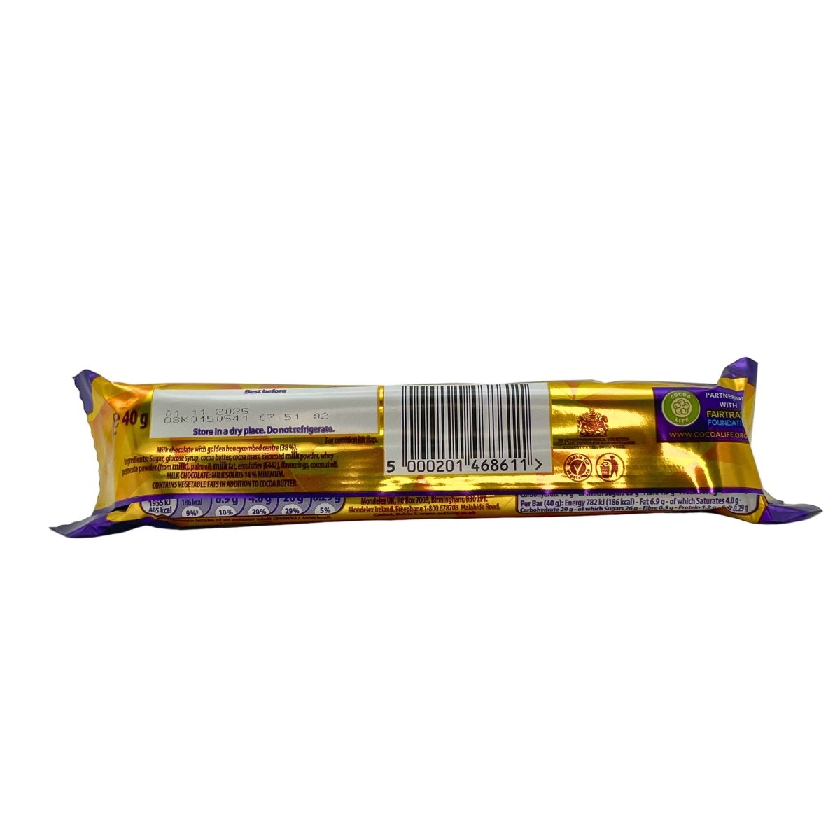 Gold and purple packaging with a barcode on a white background