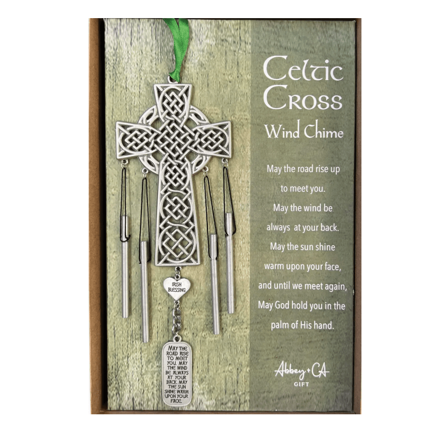Celtic cross wind chime with text on a green background
