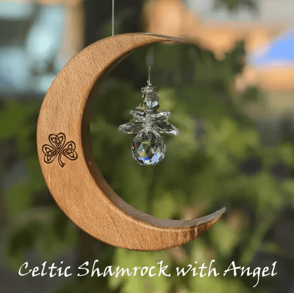 Celtic Moon Suncatcher - Crystal Angel and Shamrock (Medium) - The Celtic Gift Store - Decor