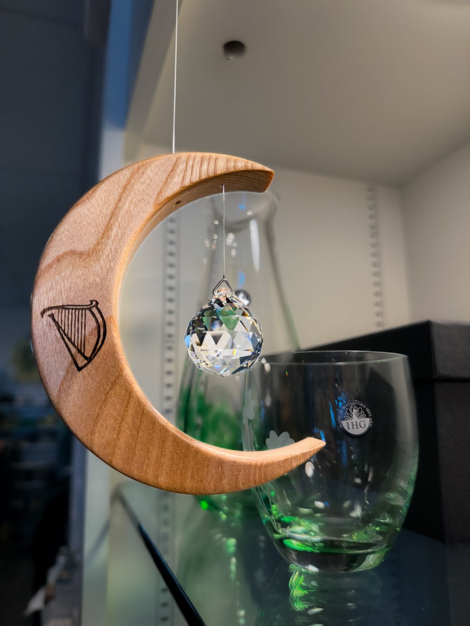 Celtic Moon Suncatcher - Crystal Sphere and Irish Harp (Medium) - The Celtic Gift Store - Decor