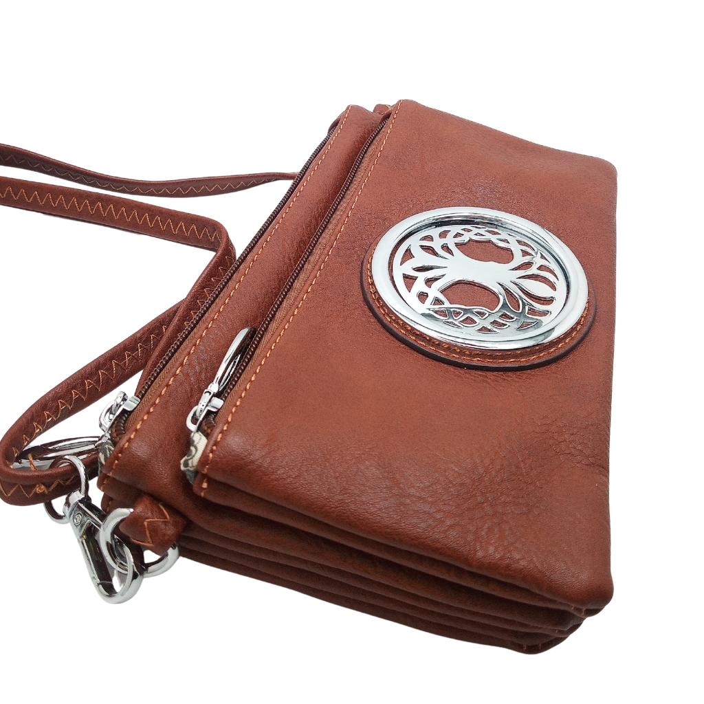 Celtic Tree of Life Tri Zip Pocket Bag - Camel