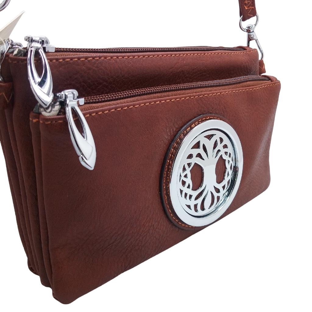 Celtic Tree of Life Tri Zip Pocket Bag - Camel