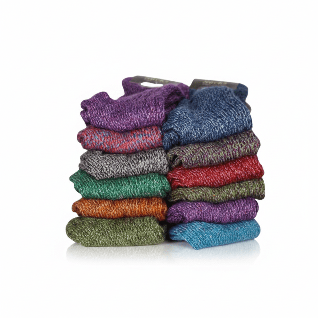 Stack of colorful socks on a white background