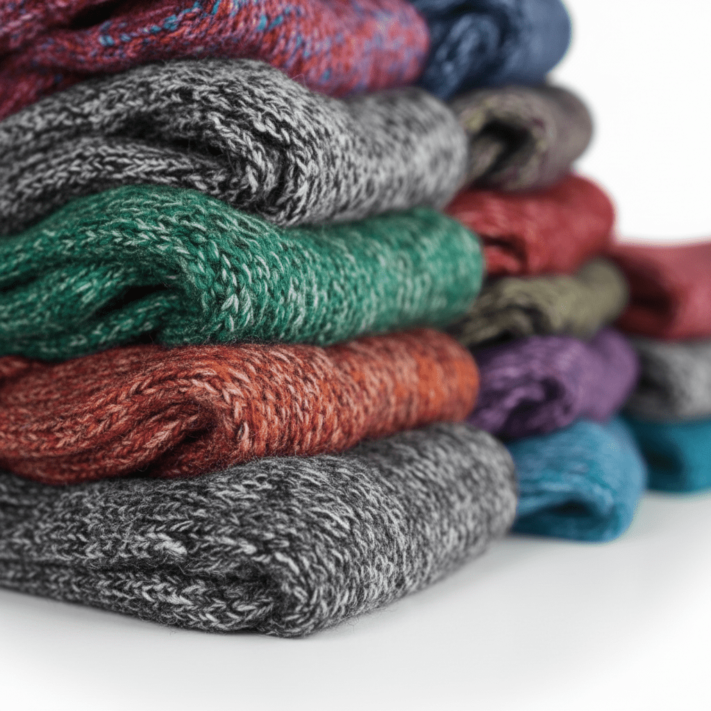 Stack of colorful knitted sweaters on a white background