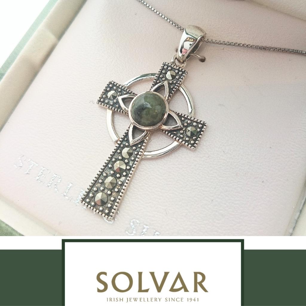 Connemara Marble and Marcasite Celtic Cross Necklace