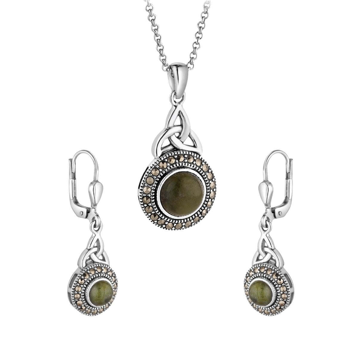 Connemara Marble and Marcasite Celtic Round Trinity Drop Earrings