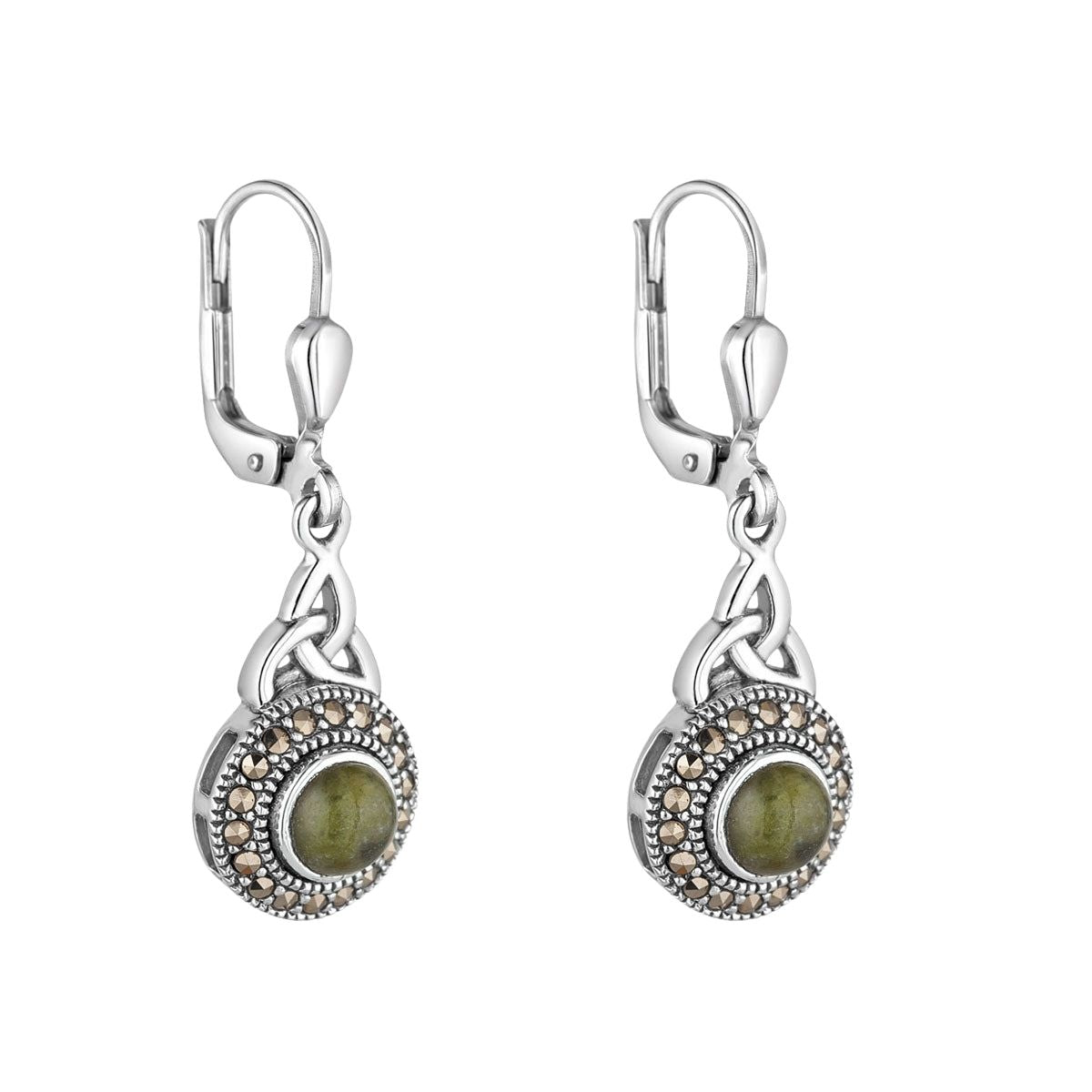 Connemara Marble and Marcasite Celtic Round Trinity Drop Earrings