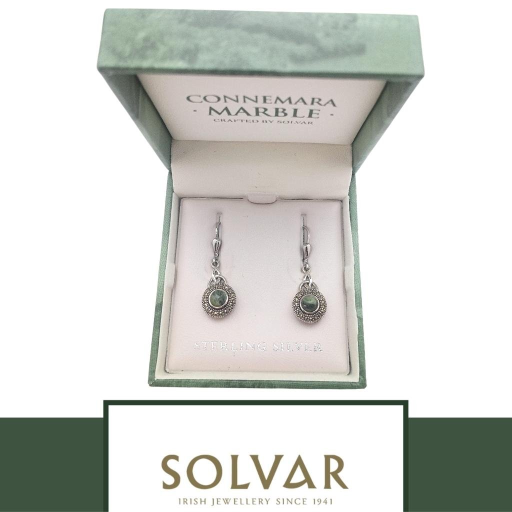 Connemara Marble and Marcasite Celtic Round Trinity Drop Earrings