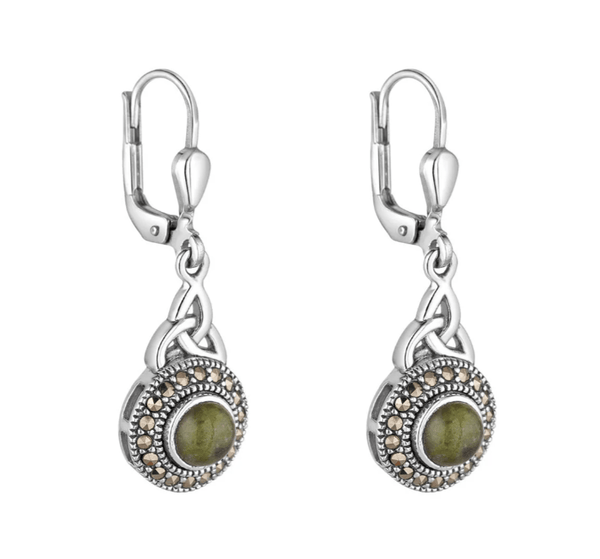 Connemara Marble and Marcasite Celtic Round Trinity Drop Earrings - The Celtic Gift Store - Earrings