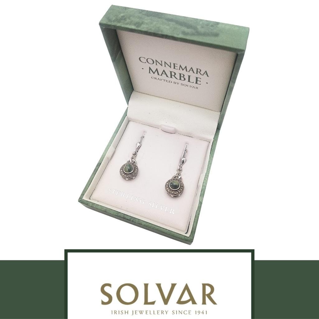 Connemara Marble and Marcasite Celtic Round Trinity Drop Earrings