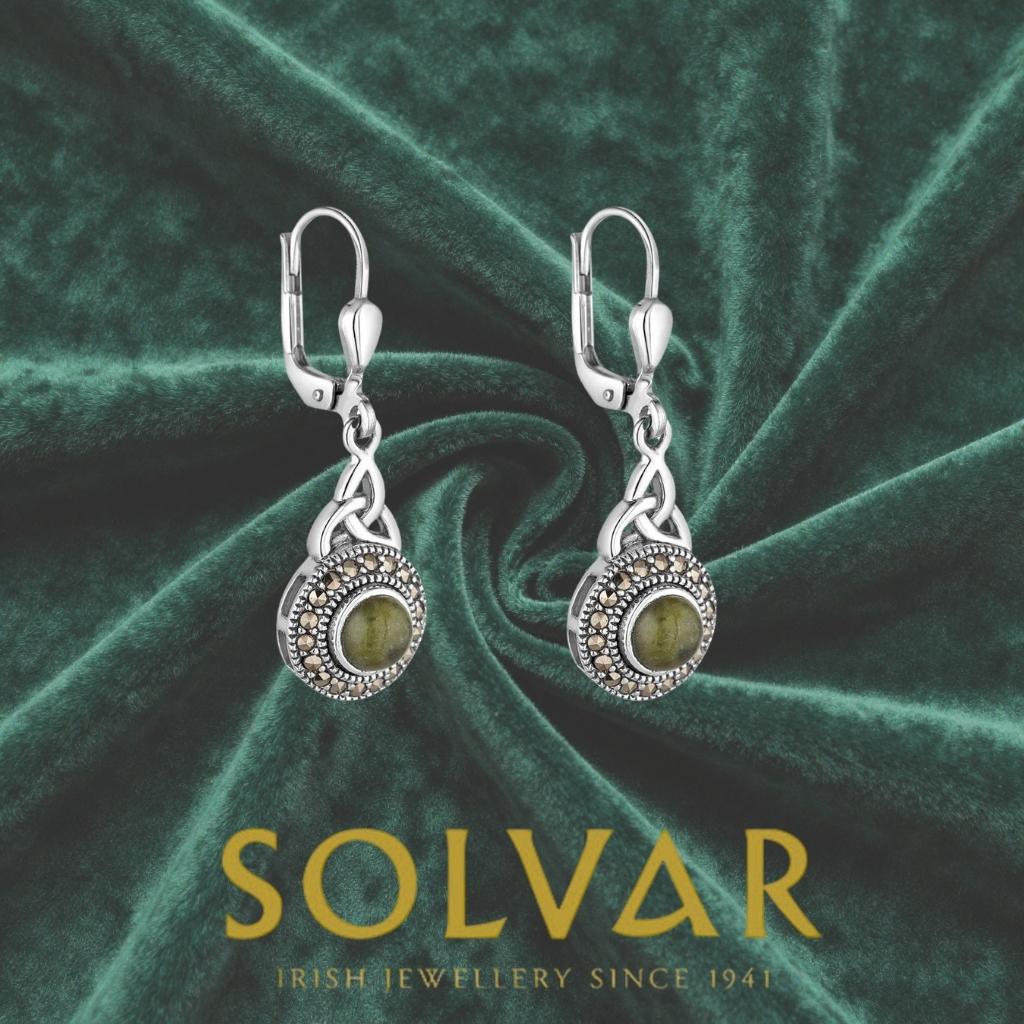 Connemara Marble and Marcasite Celtic Round Trinity Drop Earrings