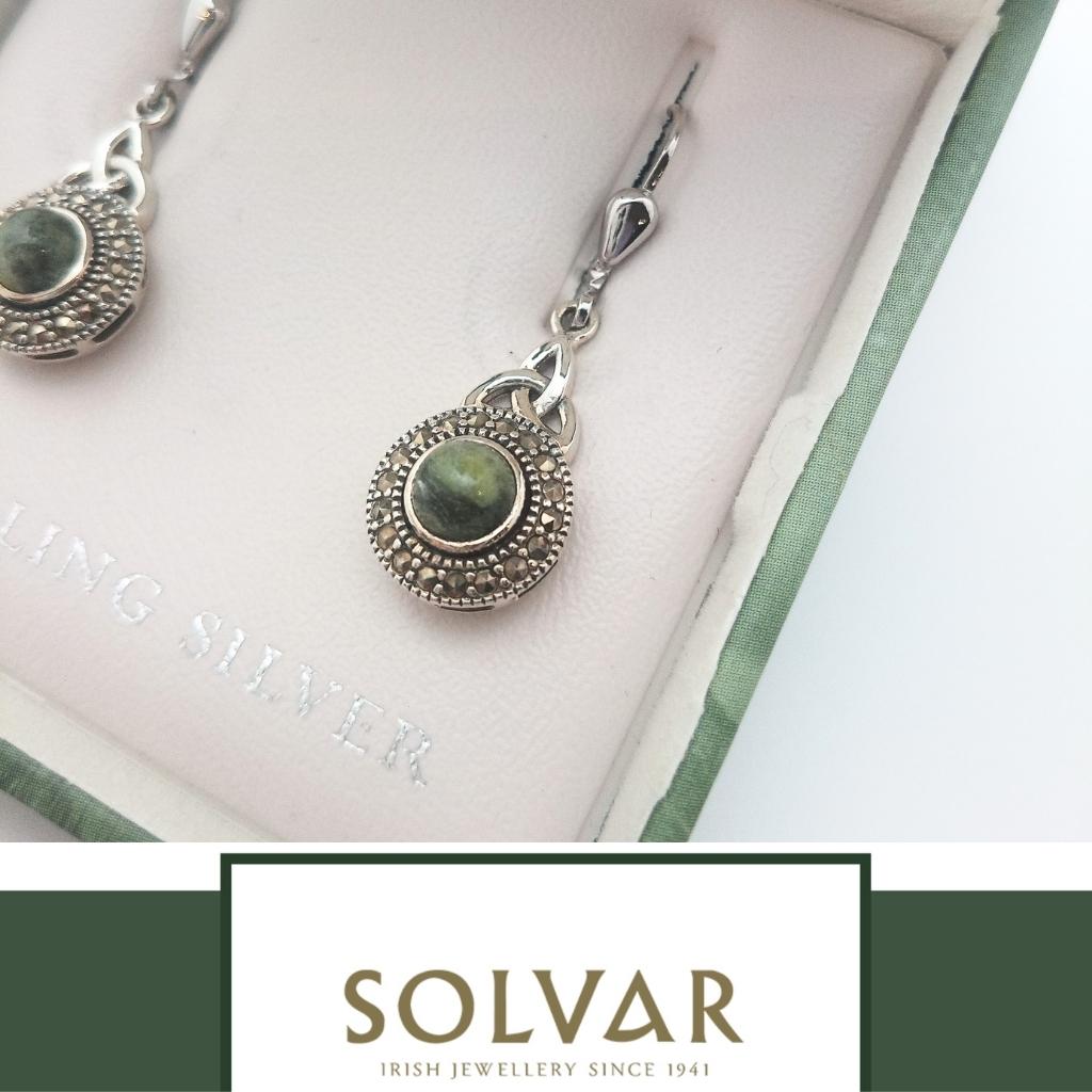 Connemara Marble and Marcasite Celtic Round Trinity Drop Earrings
