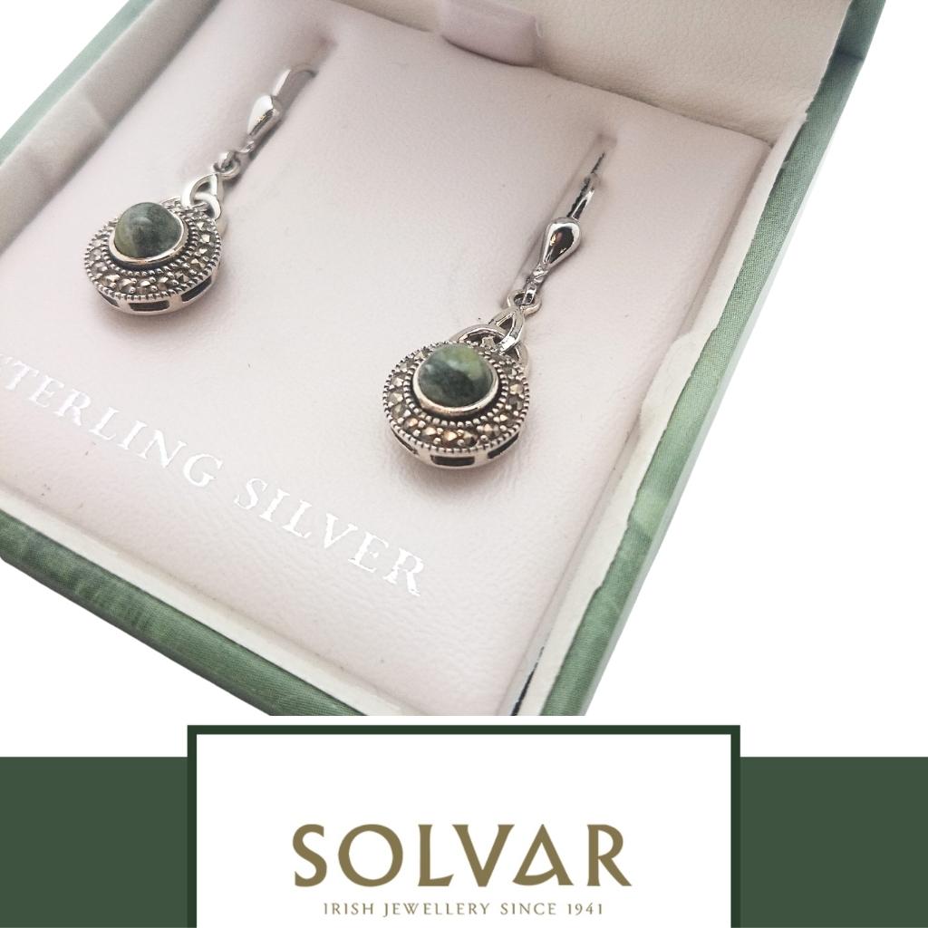 Connemara Marble and Marcasite Celtic Round Trinity Drop Earrings