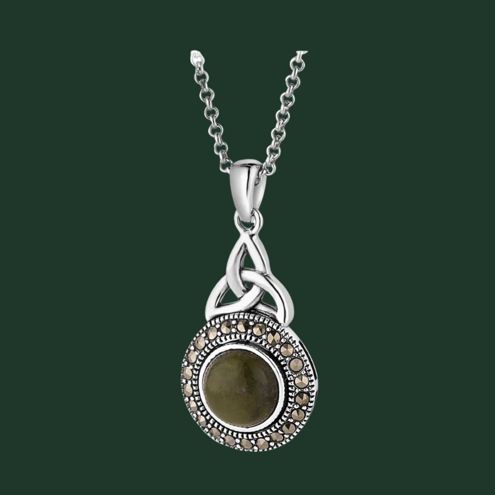 Connemara Marble and Marcasite Celtic Round Trinity Necklace