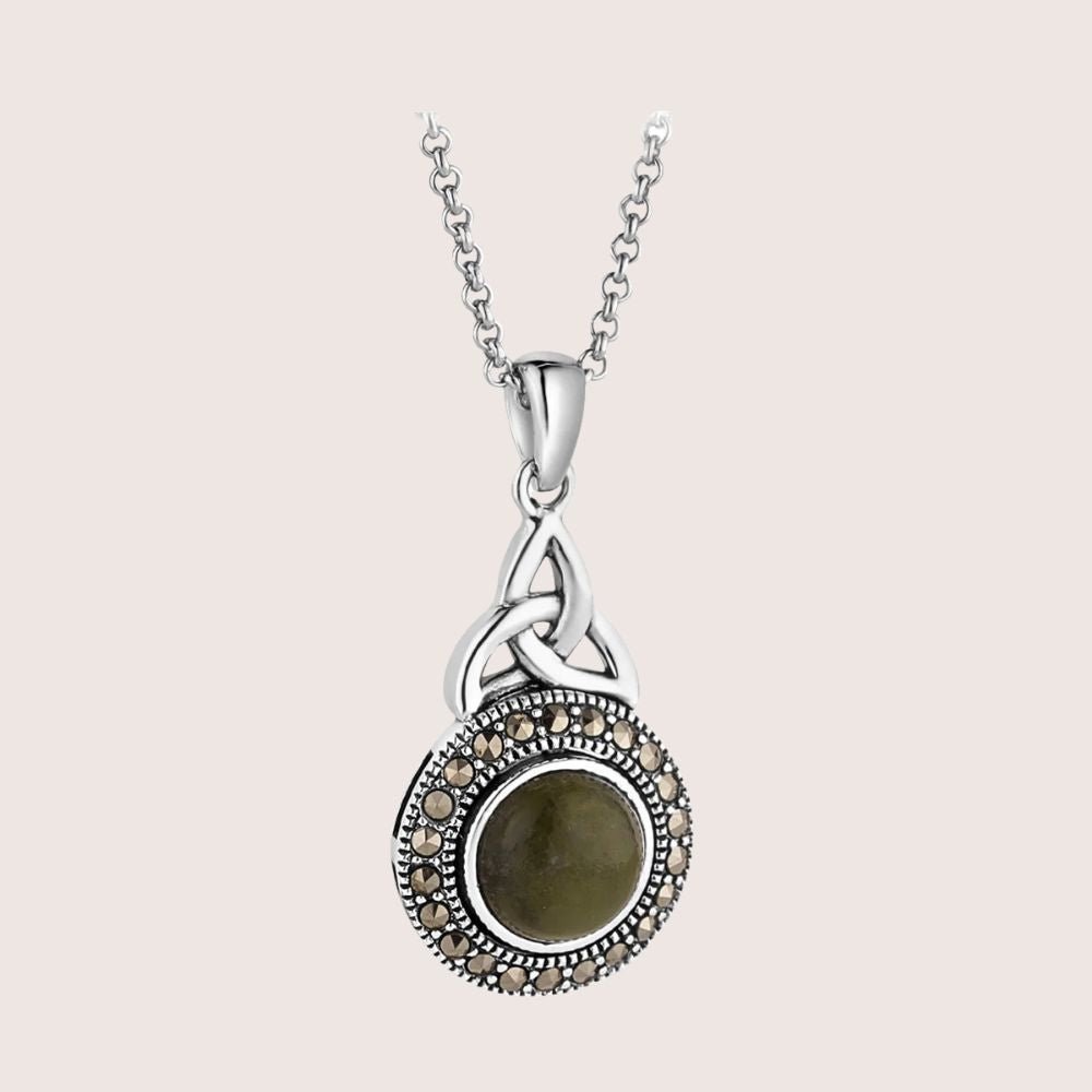 Connemara Marble and Marcasite Celtic Round Trinity Necklace