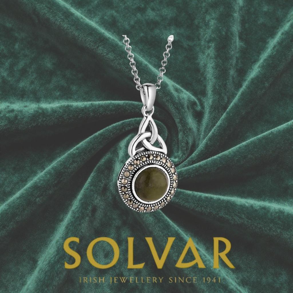 Connemara Marble and Marcasite Celtic Round Trinity Necklace