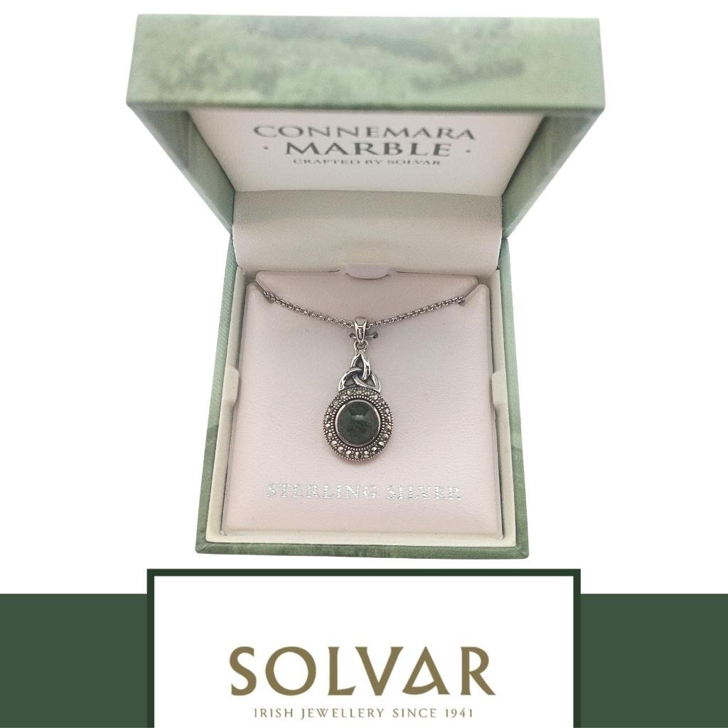Connemara Marble and Marcasite Celtic Round Trinity Necklace