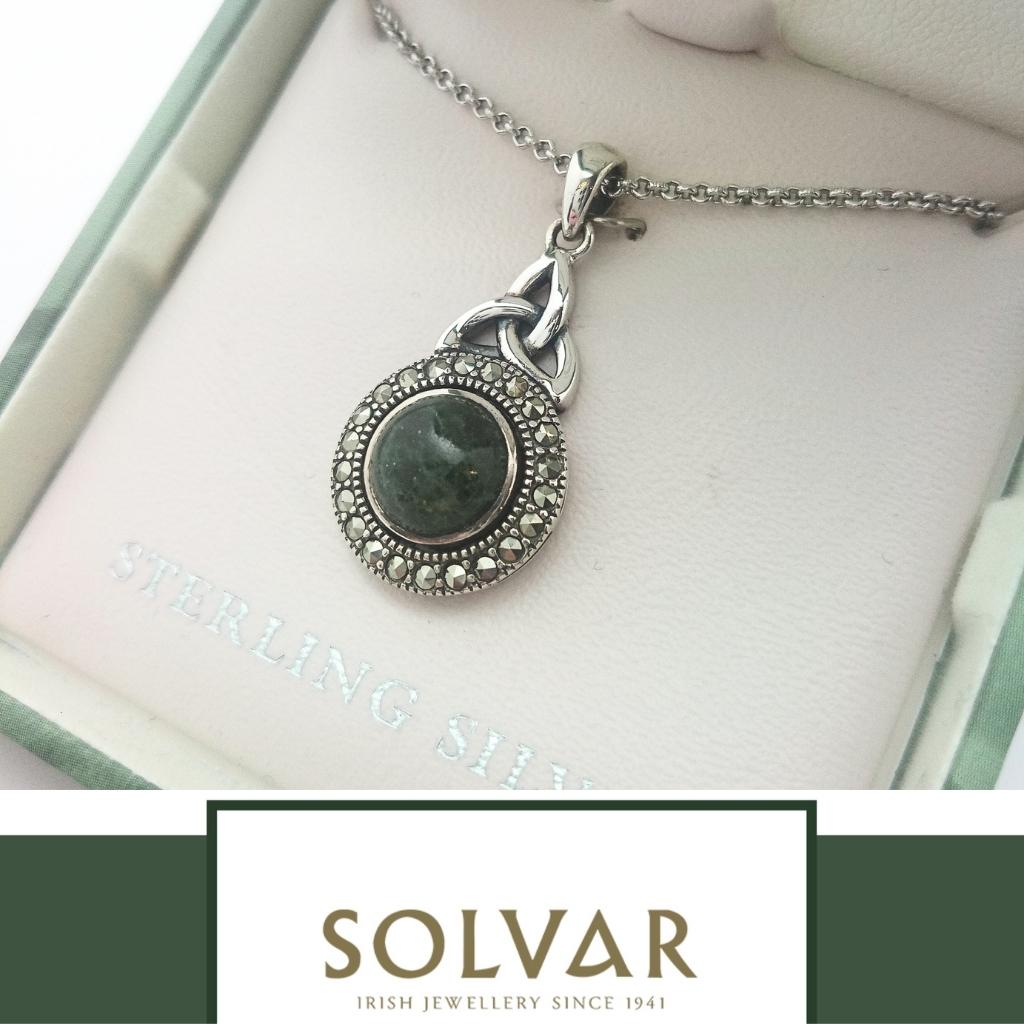 Connemara Marble and Marcasite Celtic Round Trinity Necklace